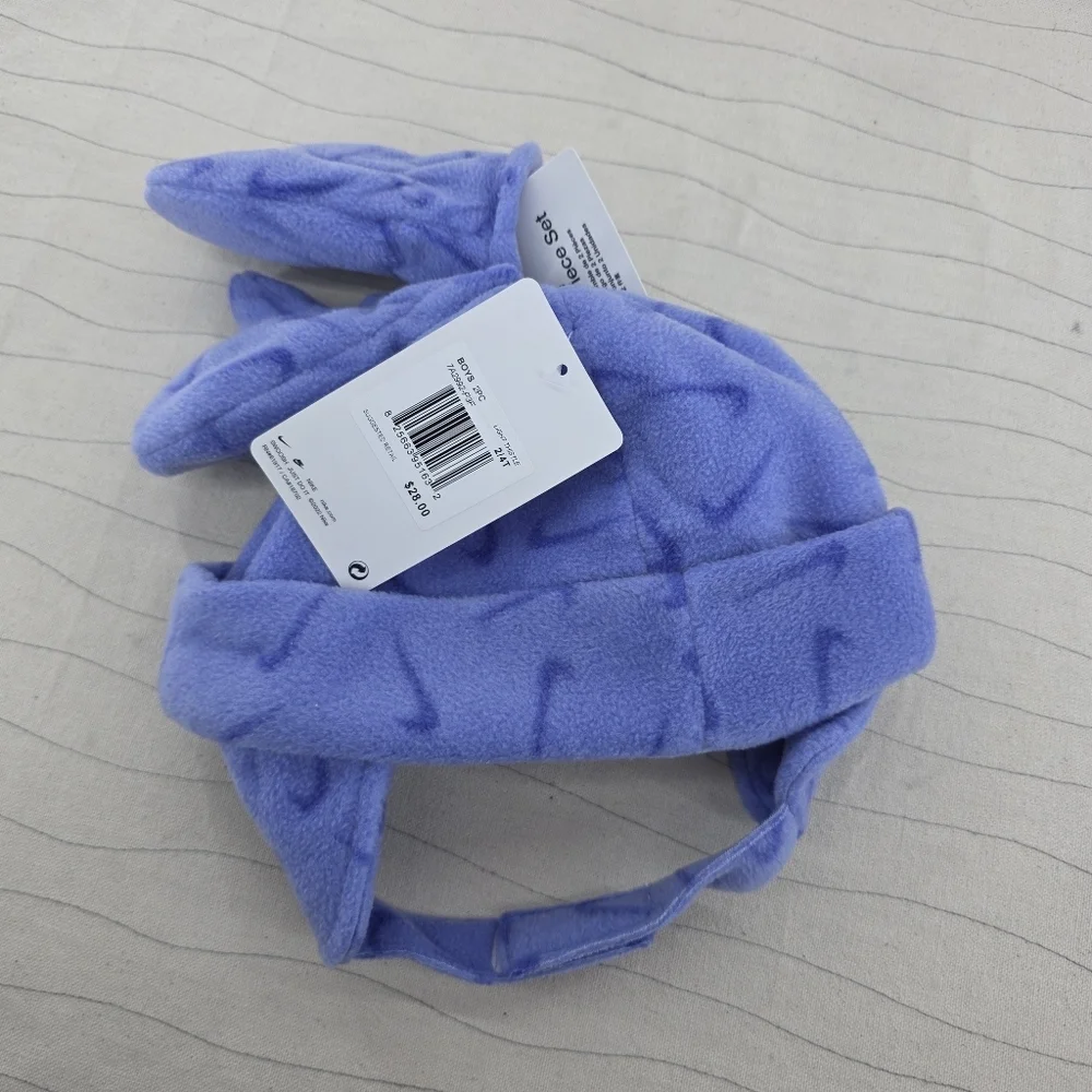 Nike Toddler Fleece Chin Strap Trapper Hat & Mittens 2 Piece Set Purple NEW